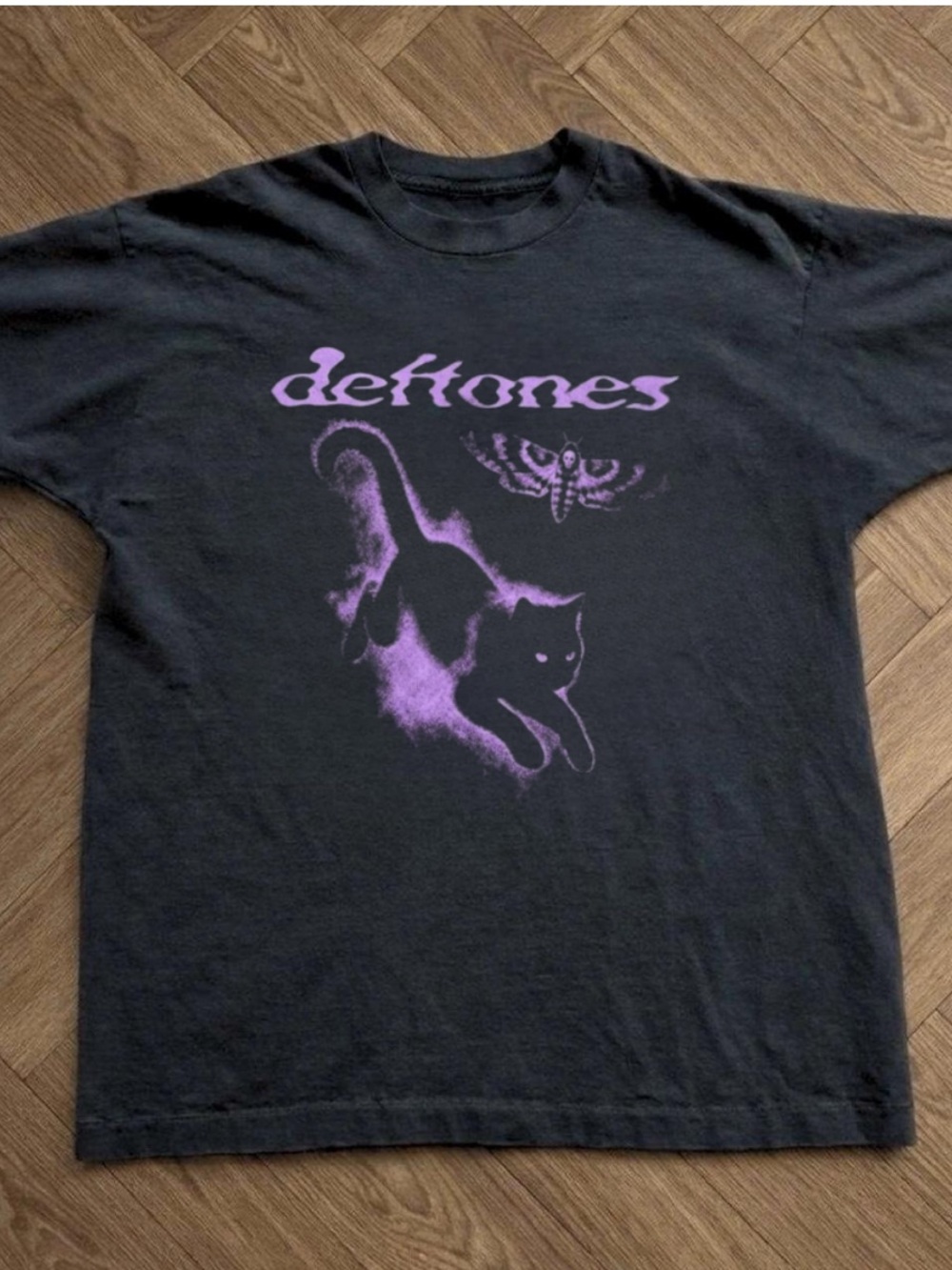 Gildan Black Tee with Purple Cat Deftones Graphic